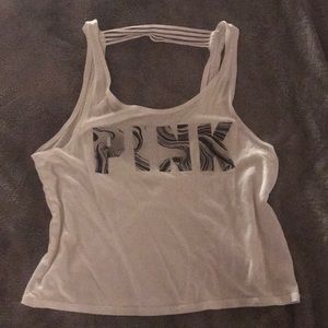 PINK white open back logo tank top
